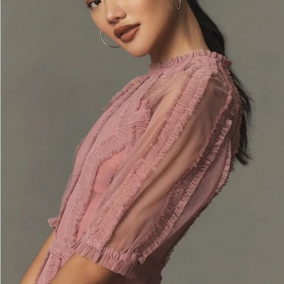 MAC DUGGAL 8058 Pink High Neck Micro Ruffle Tiered Midi Dress - Picture 3 of 16